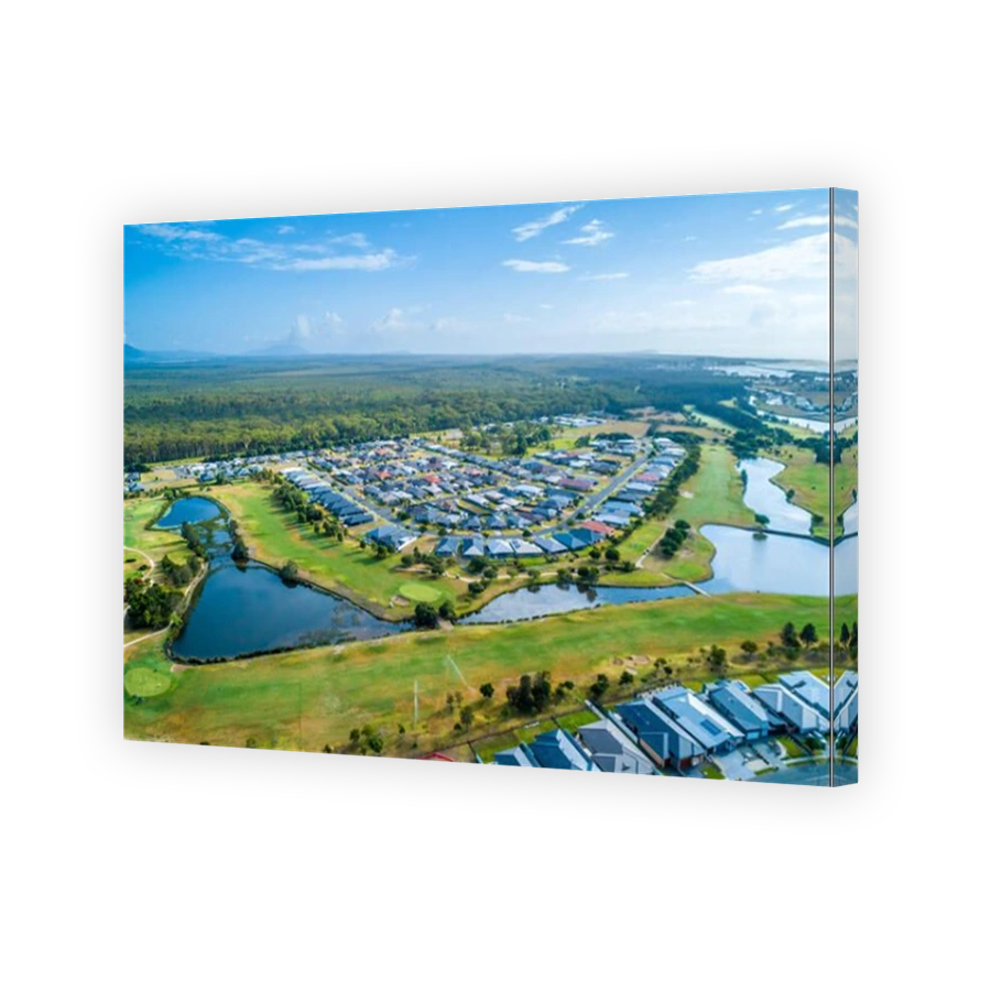 Aerial landscape of Harrington Waters golf club. Harrington, New South Wales, Australia