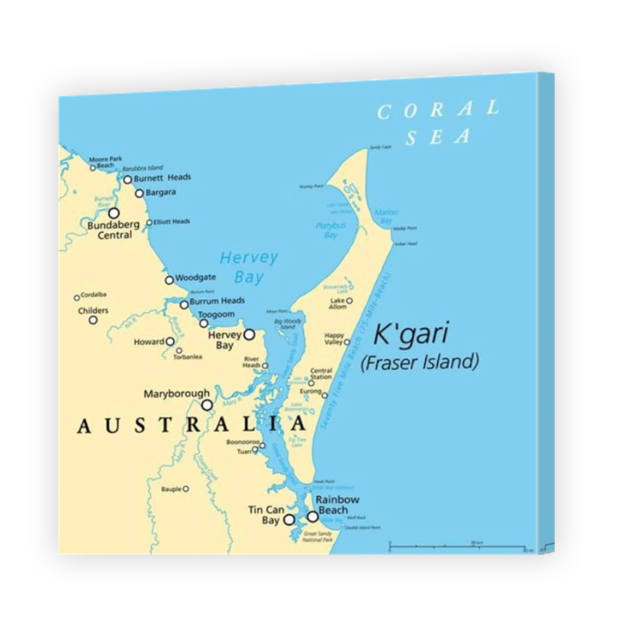 Kgari, formerly Fraser Island, political map. Worlds largest sand island, along the coast of Queensland, Australia, with a 75-Mile-Beach.