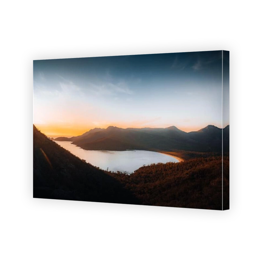 Sunrise Sunset Aerial view of Wineglass Bay beach and mount amos. Freycinet Park, Tasmania, Australia