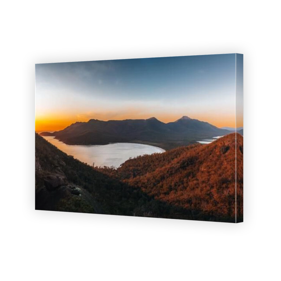 Sunrise Sunset Aerial view of Wineglass Bay beach and mount amos. Freycinet Park, Tasmania, Australia