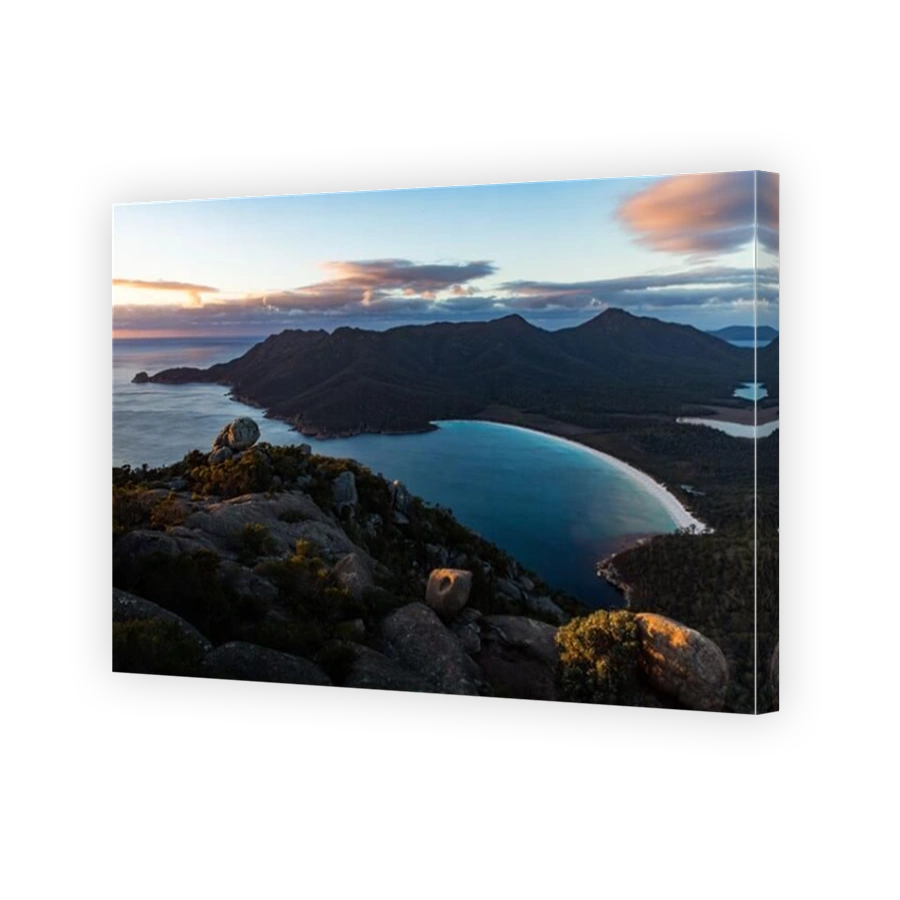 View of Wineglass Bay from the summit of Mount Amos in Tasmania, Australia