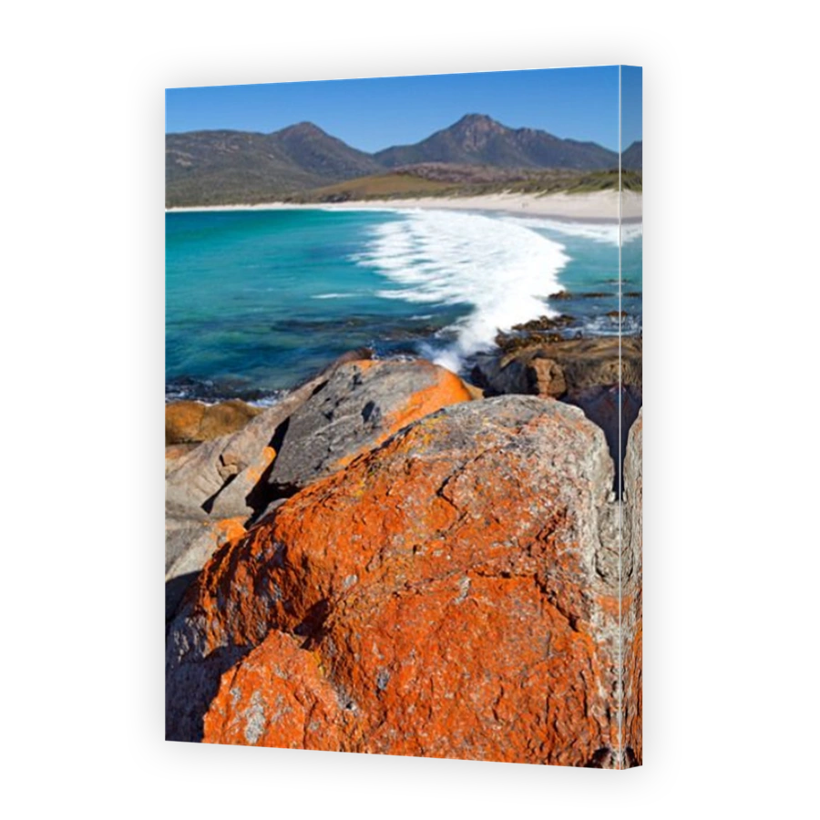 View along Wineglass Bay with Mt Graham and Mt Freycinet beyond