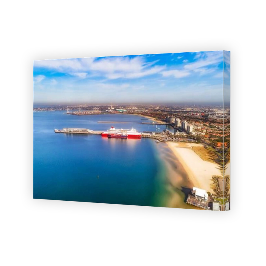 Wharf of the Tasmanian ferry in Port Phillip bay of Melbourne city, Australia. Aerial wide panoramic view over shores and bay.