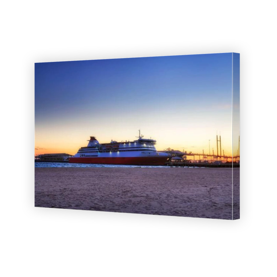 Huge ocean ferry from Melbourne to Devonport in Tasmania arrived to Port Phillip bay at sunset.