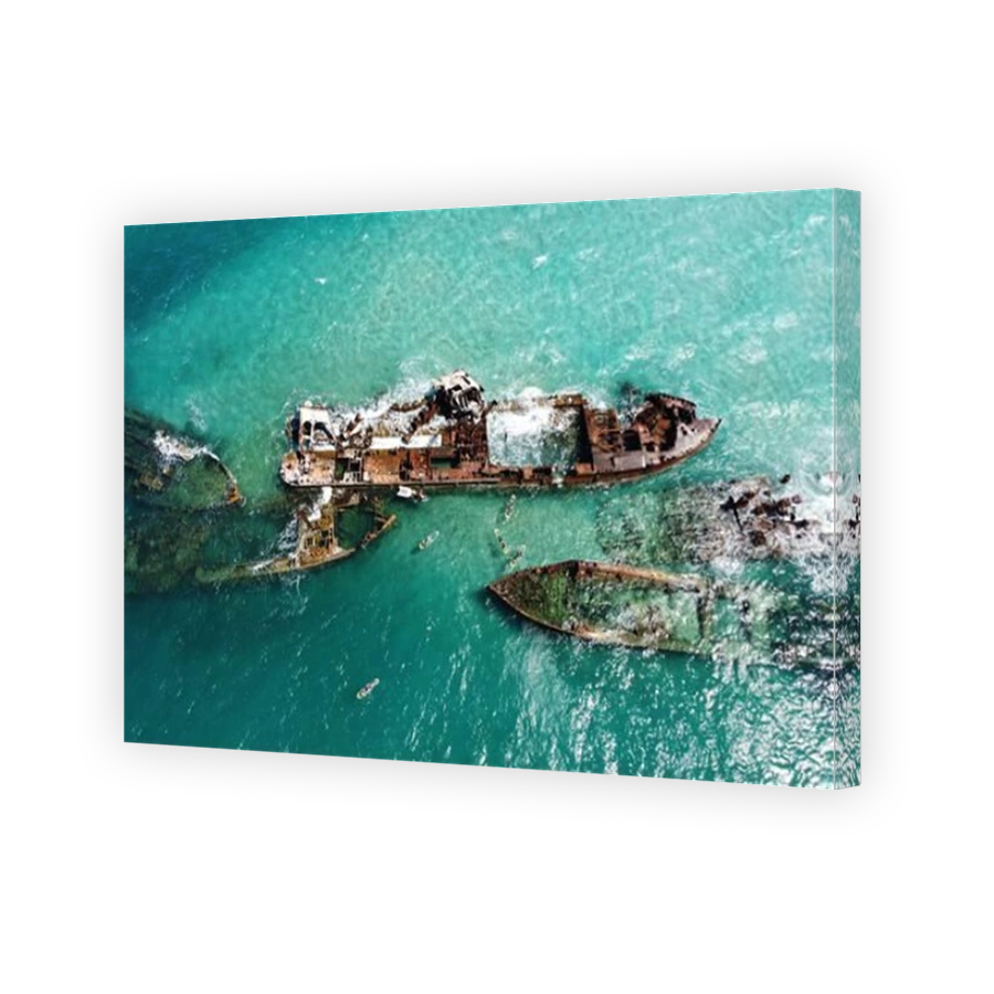 Aerial view of crashed boats in the sea, Moreton Island, Queensland, Gold Coast, Australia