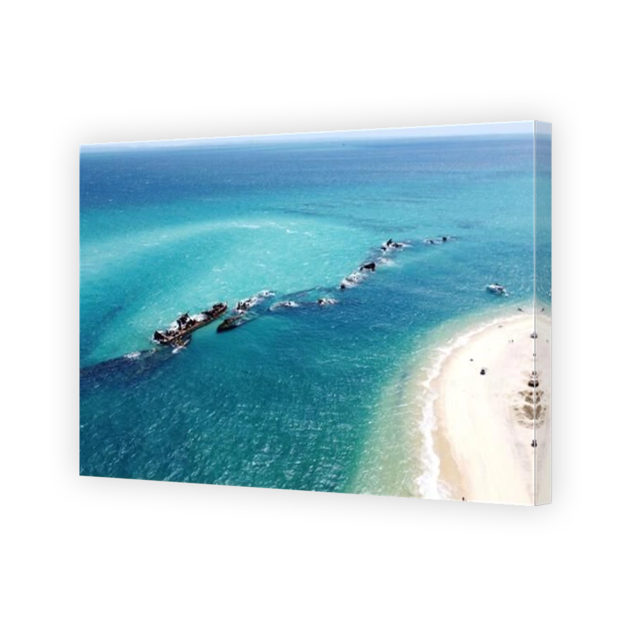 Aerial view of crashed boats in the sea, Moreton Island, Queensland, Gold Coast, Australia