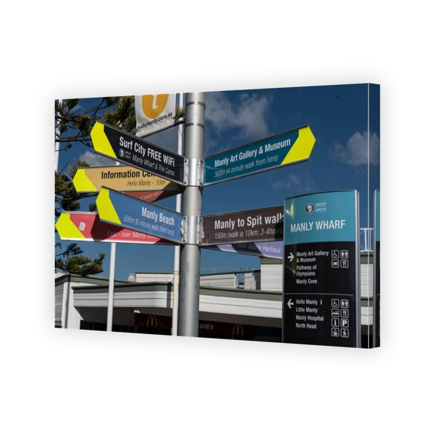 A visitor's street sign at Manly Wharf at Manly, a beach-side suburb of northern Sydney, New South Wales, Australia.