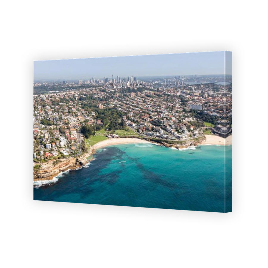 Aerial view of Bronte and Tamarama Beach in the Eastern Suburbs of Sydney NSW Australia. Located east of the CBD these residential areas are some