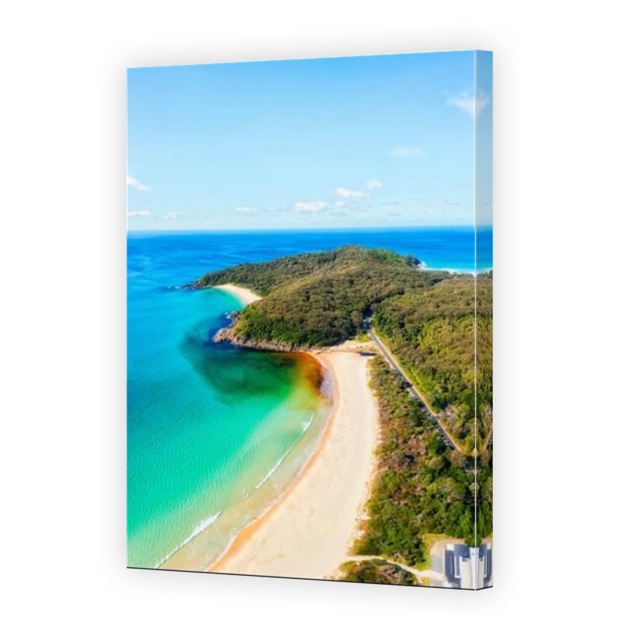 Elizabeth beach and bay in Booti Bootin national park of Australia - vertical aerial panorama.