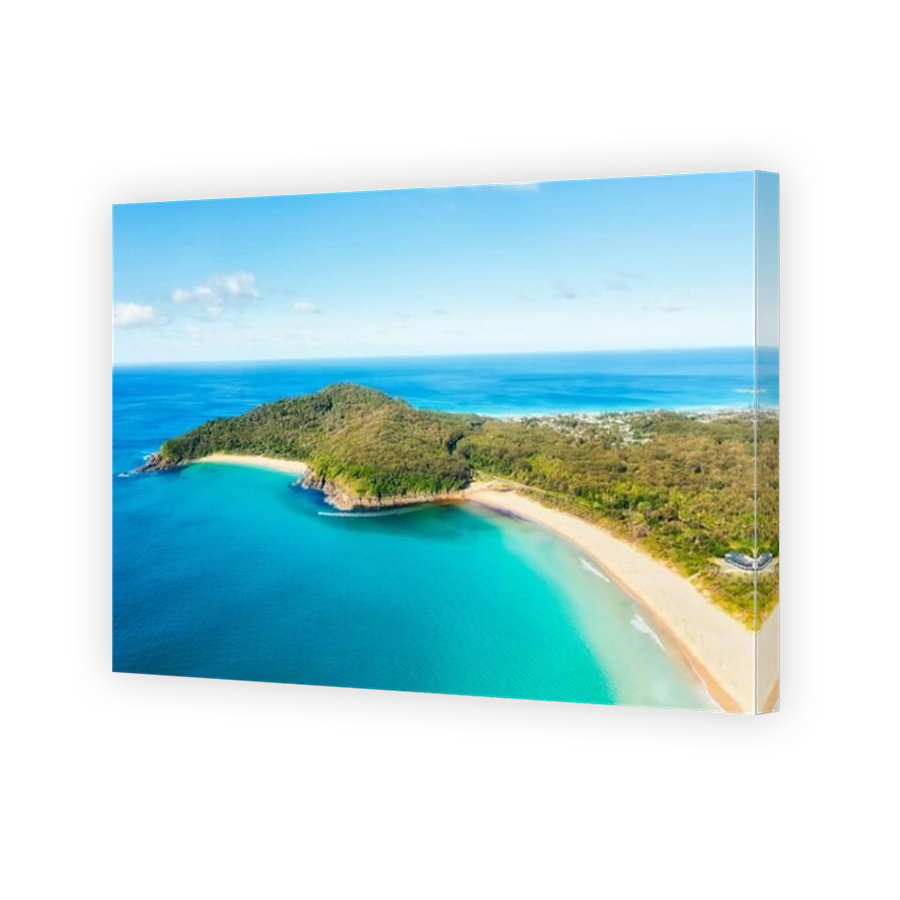 Tropical pristine white sand beach in Elizabeth beach town Pacific coast of Australia - aerial seascape.