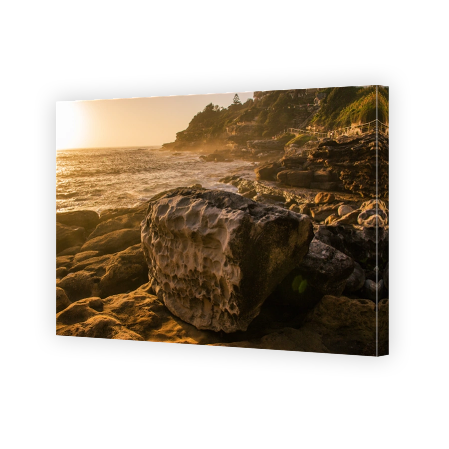 The view of the rocks and beaches in Squid Bay under the sunshine in the sunrise in Bondi to Bronte Coastal Walk