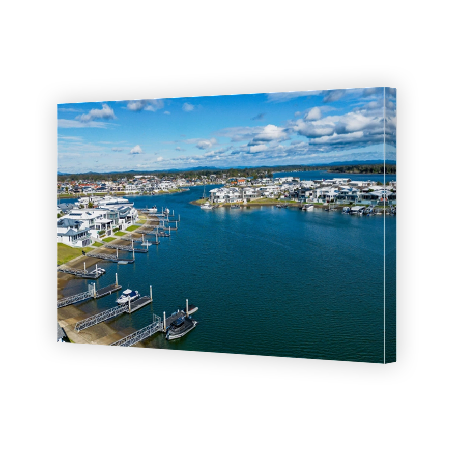 Beautiful shot of coastal town and seascape with boats, yachts moored at Port Macquarie, Australia