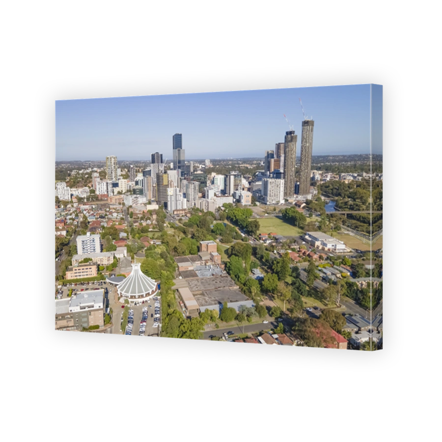 Panoramic aerial drone view of Parramatta CBD in Greater Western Sydney, NSW, showing development of the city as at December 2022