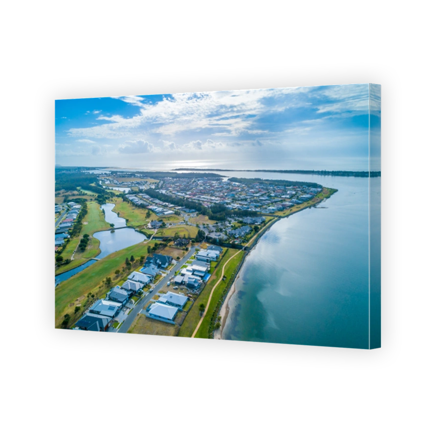 Aerial view of Harrington township and coastline. New South Wales, Australia