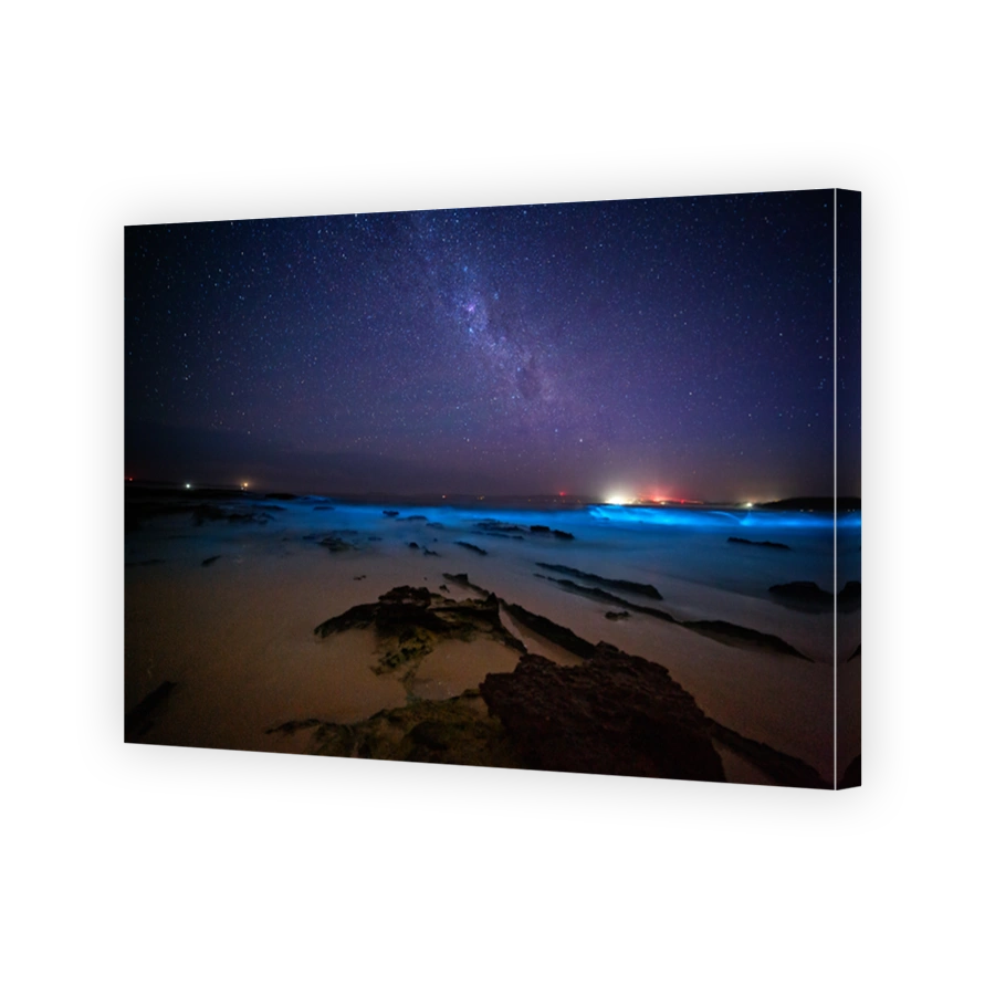 Bioluminescent algae glowing and sparkling in ocean waves