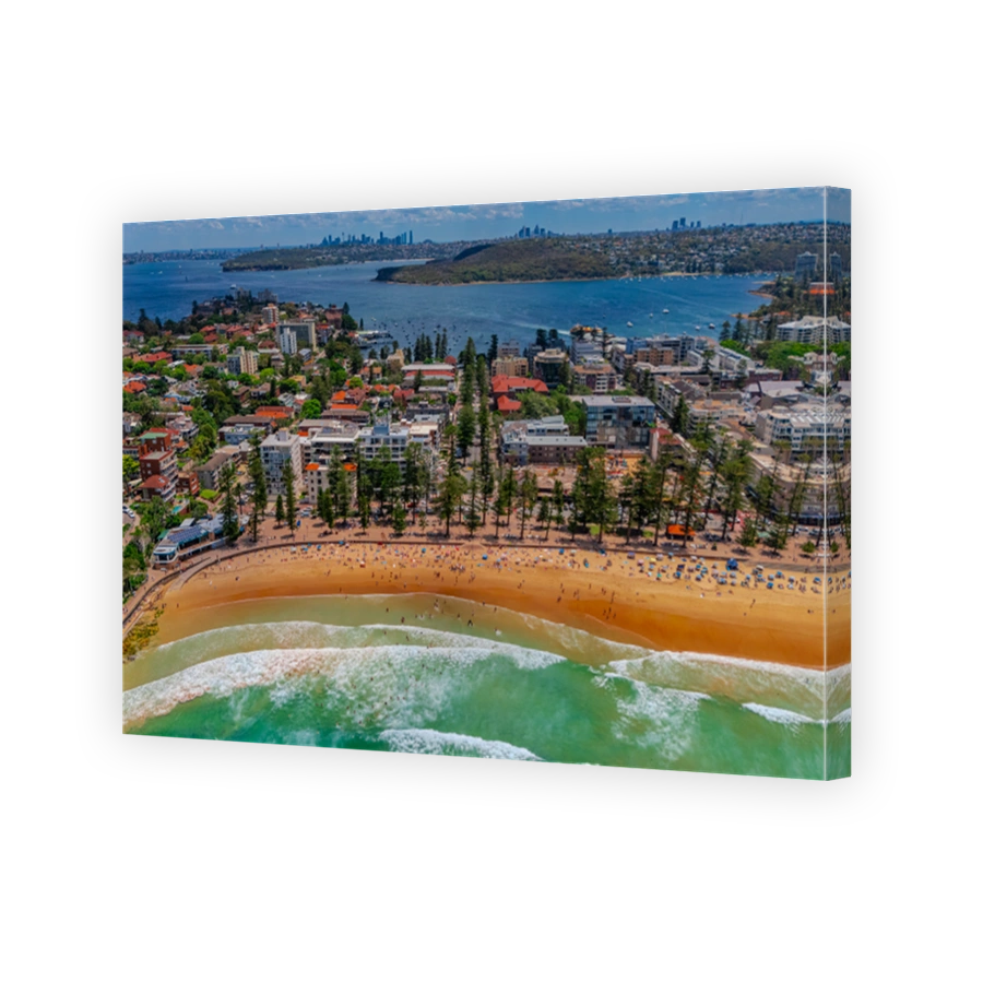Aerial View of Manly Beach and Sydney harbour with manly houses on a warm summer day blue skies Sydney NSW Australia