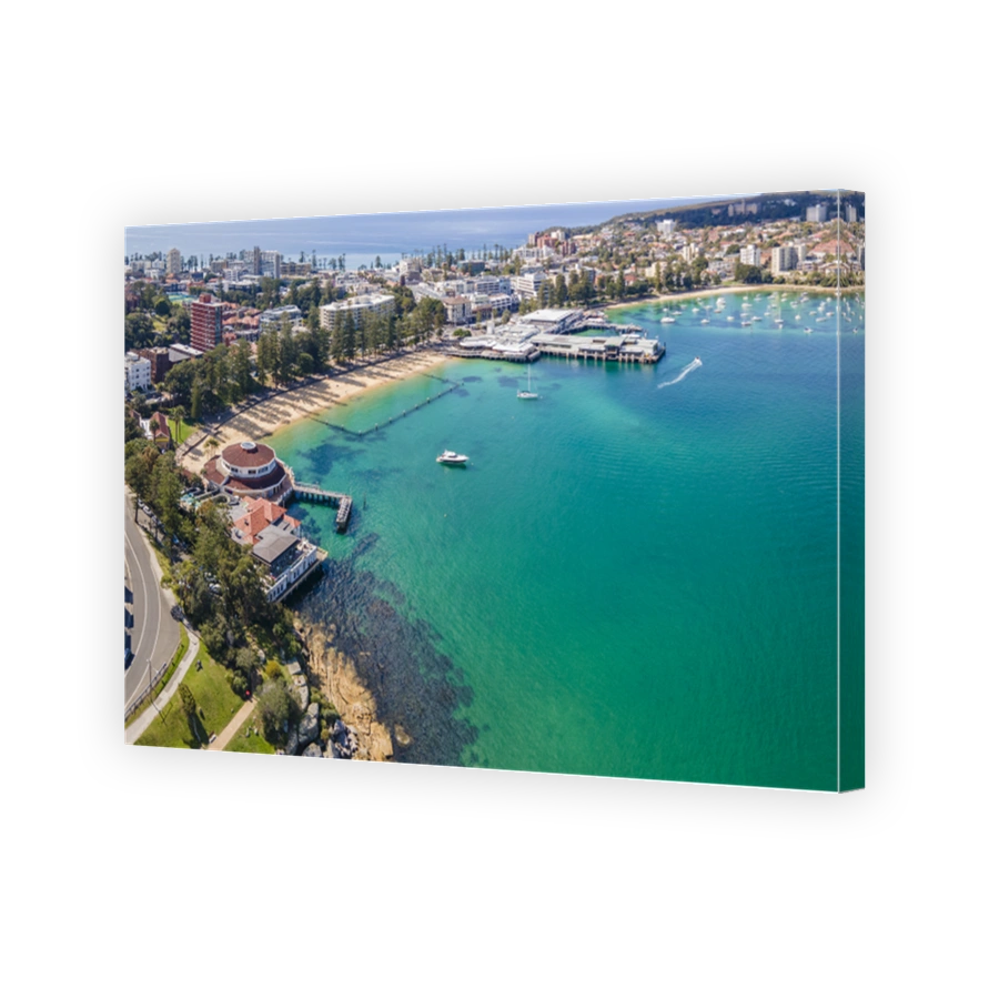Aerial drone panoramic view of Manly Cove Beach and Manly Wharf on the Northern Beaches of Sydney, NSW