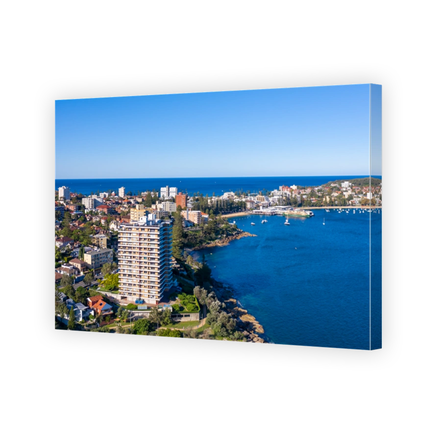 Buildings surrounding Manly, ocean in background, aerial view in Sydney