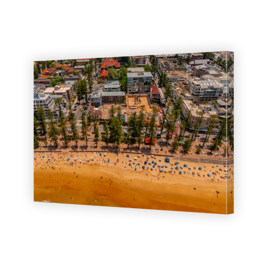 Aerial View of Manly Beach and Sydney harbour with manly houses on a warm summer day blue skies Sydney NSW Australia