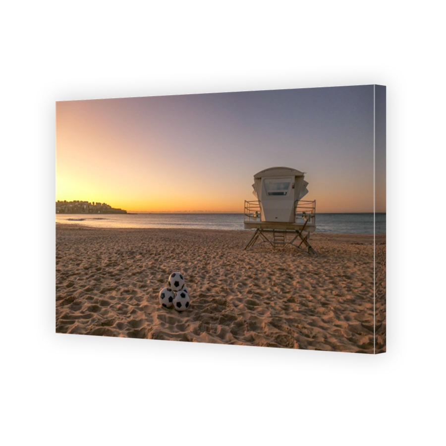 Bondi Beach Sunrise with Soccer Balls and Lifeguard Tower
