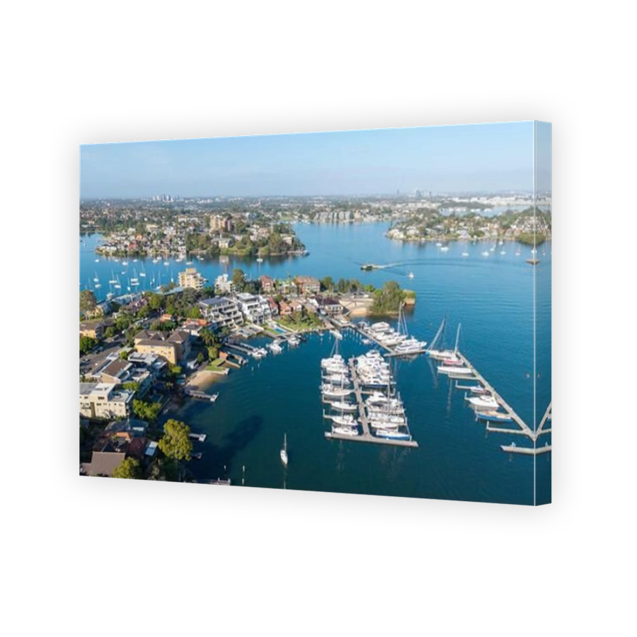 The Parramatta River, gladesville bridge  and the Sydney suburb of Drummoyne.