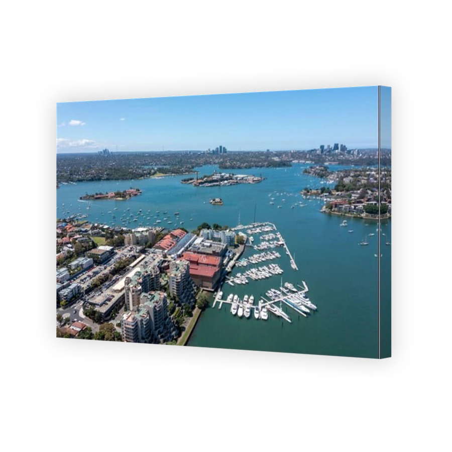 Birkenhead point in the Sydney suburb of Drummoyne showing the marina and Fort Wallace and Cockatoo islands in the Parramatta river.