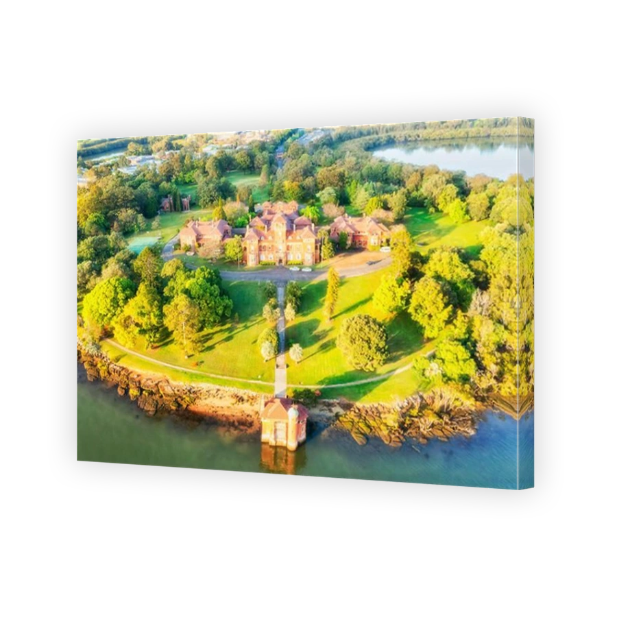 Historic palace and school building site of Rivendell school on Parramatta river in Western Sydney - aerial landscape.