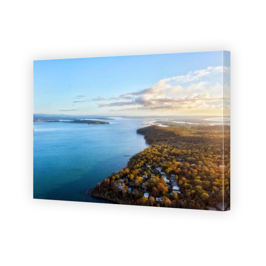 Lakeshore of Lake Macquarie in Australia on Pacific coast from Murrays beach to Swansea channel aerial landscape.