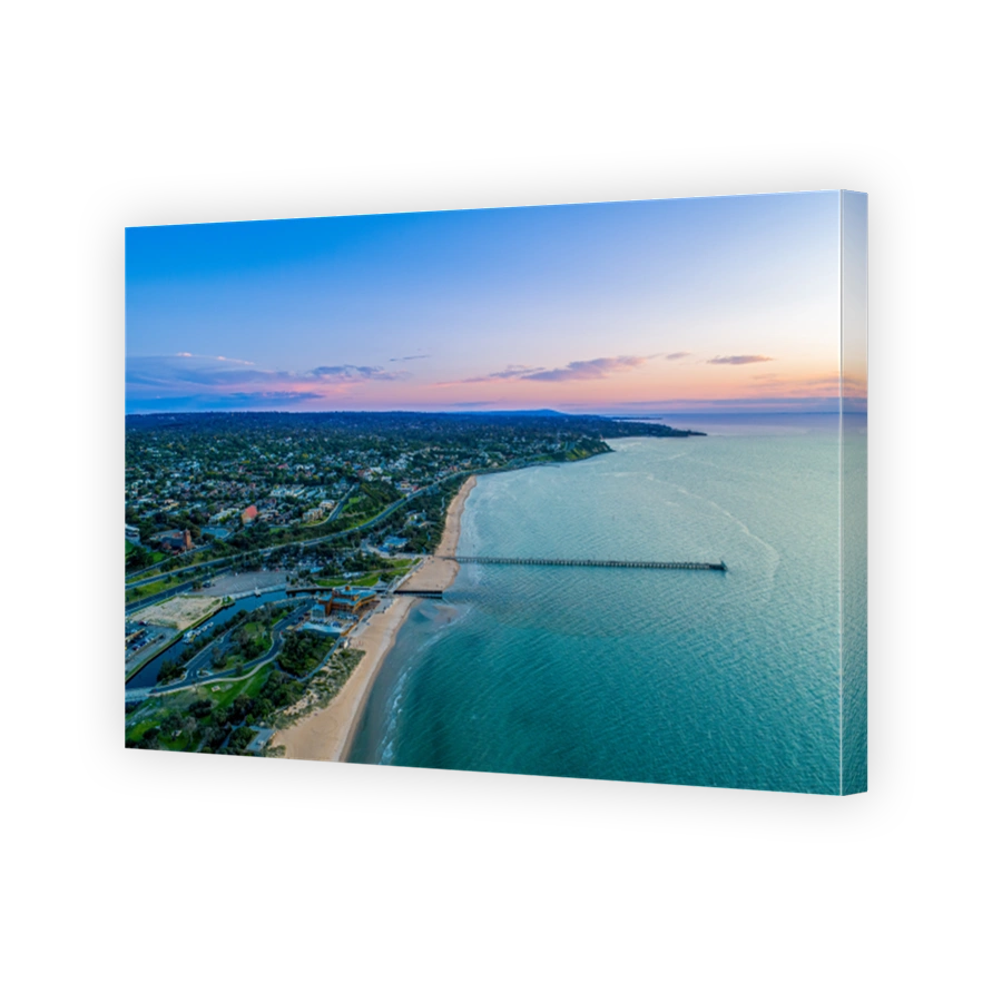 Aerial view of Frankston waterfront and Mornington Peninsula coastline at dusk in Melbourne, Australia