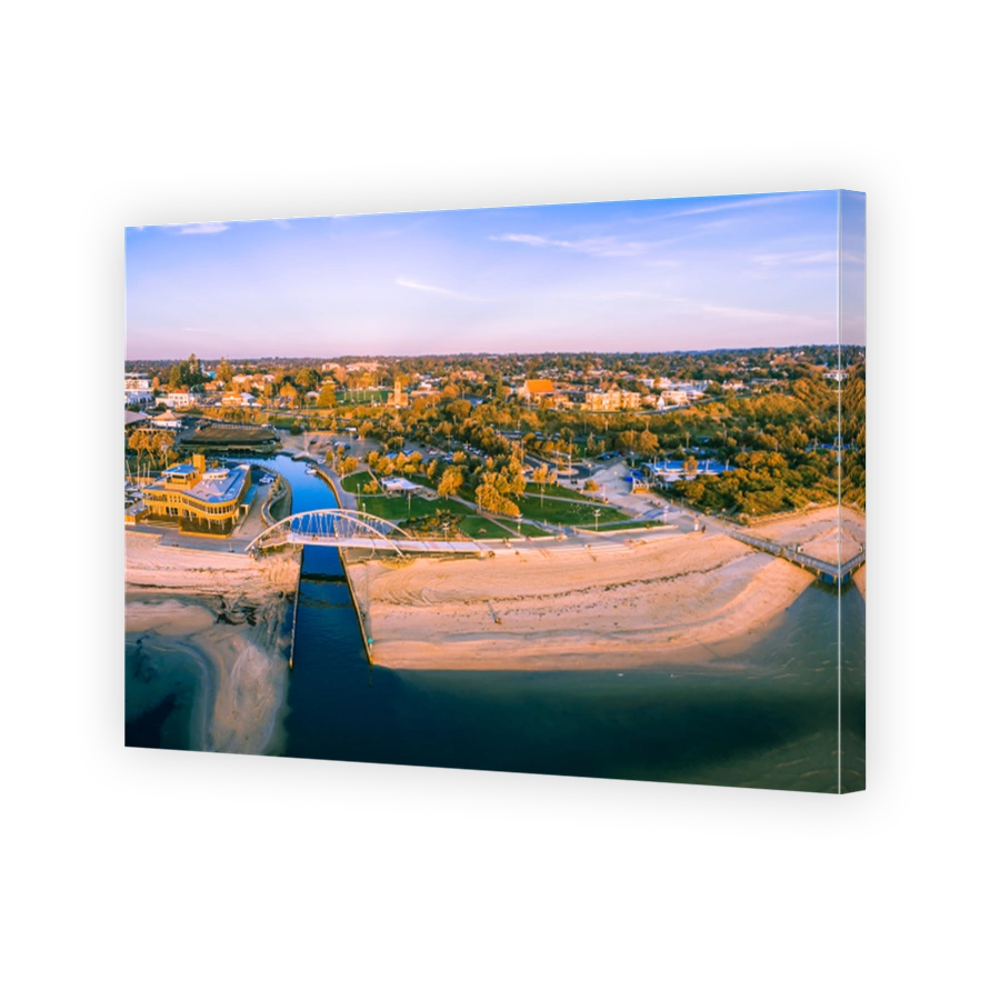 Aerial panorama of Frankston waterfront at sunset. Frankston yacht club and footbridge over Kananook creek.