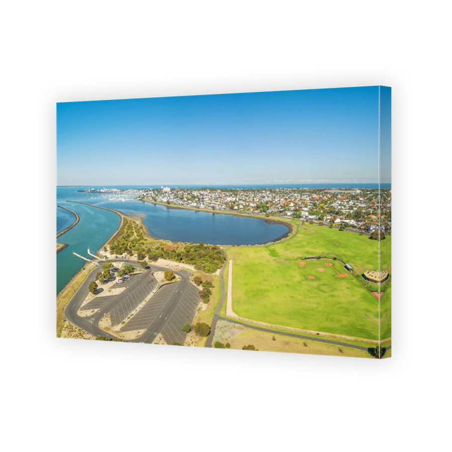 Aerial panorama of Greenwich Bay and reserve,  Williamstown Suburb at high noon. Melbourne, Victoria, Australia