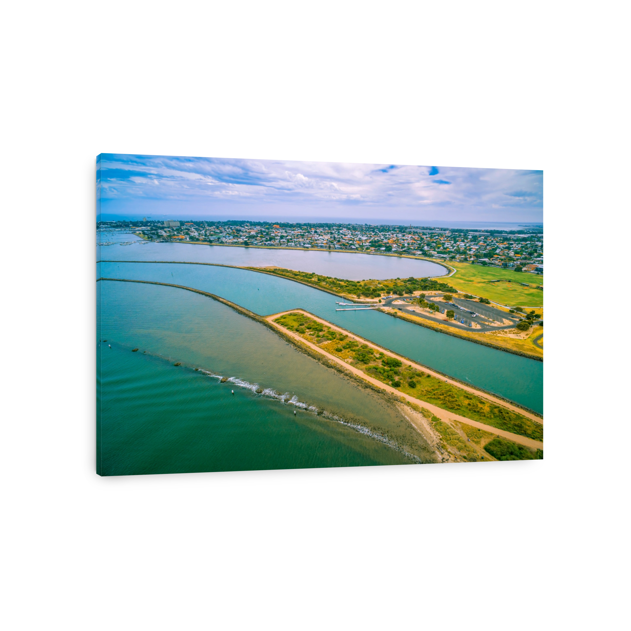 Aerial view of Yarra river mouth and Williamstown - coastal suburb in Melbourne, Australia