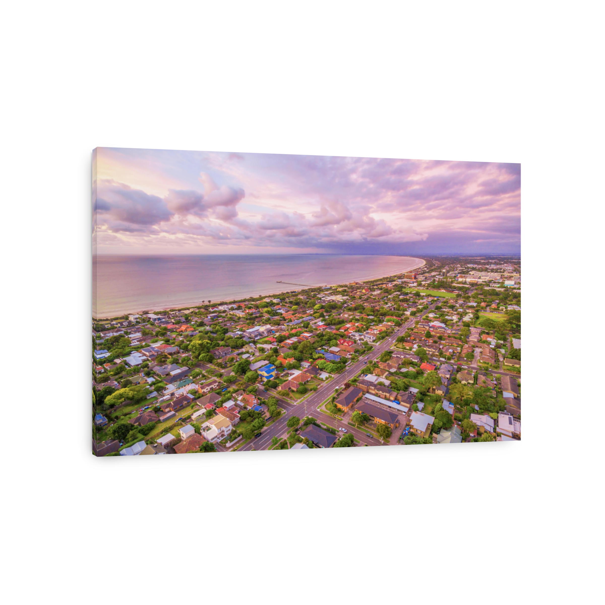Aerial view of Frankston suburb at sunset. Mornington Peninsula, Melbourne, Australia