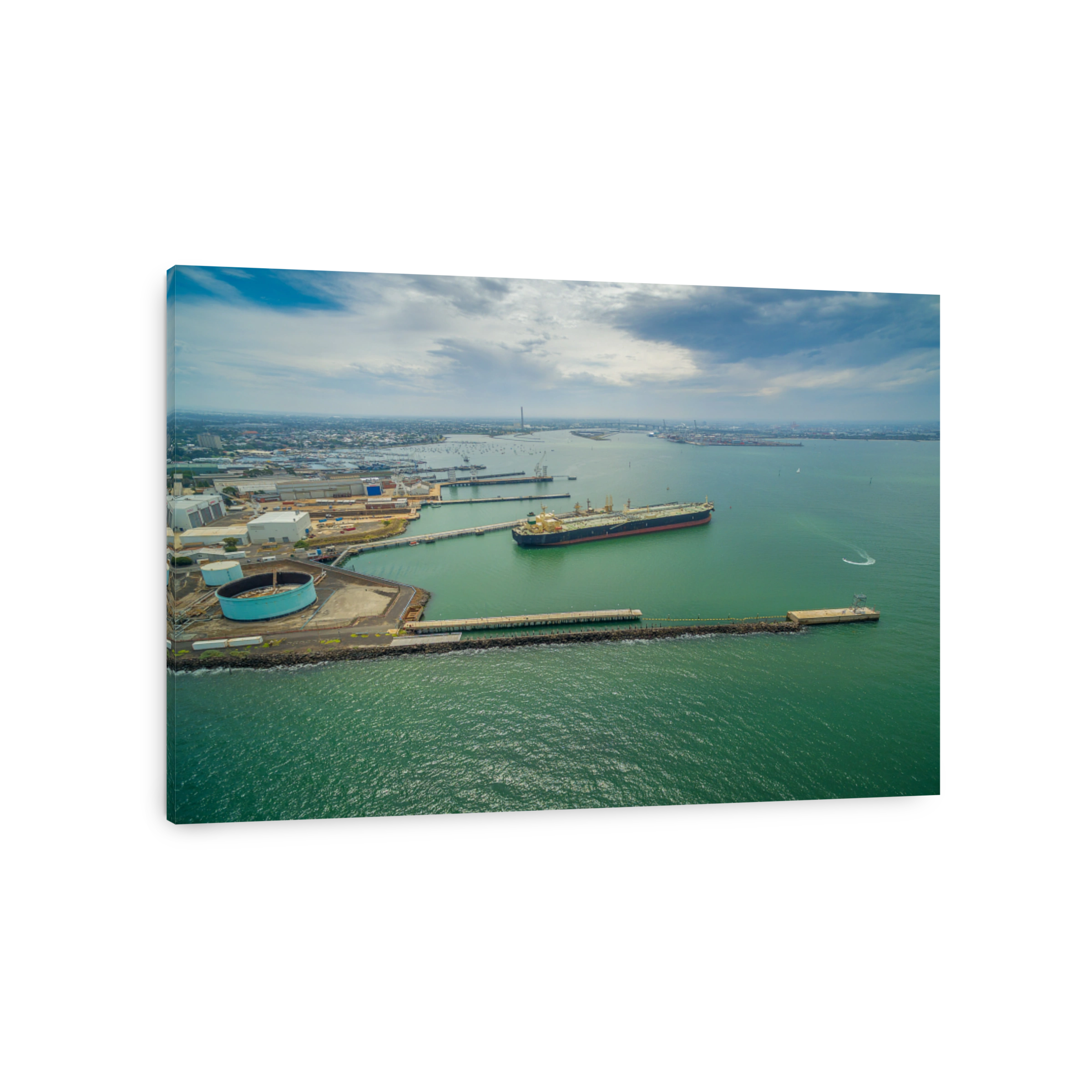 Oil tanker docked in Williamstown - aerial view. Melbourne, Australia
