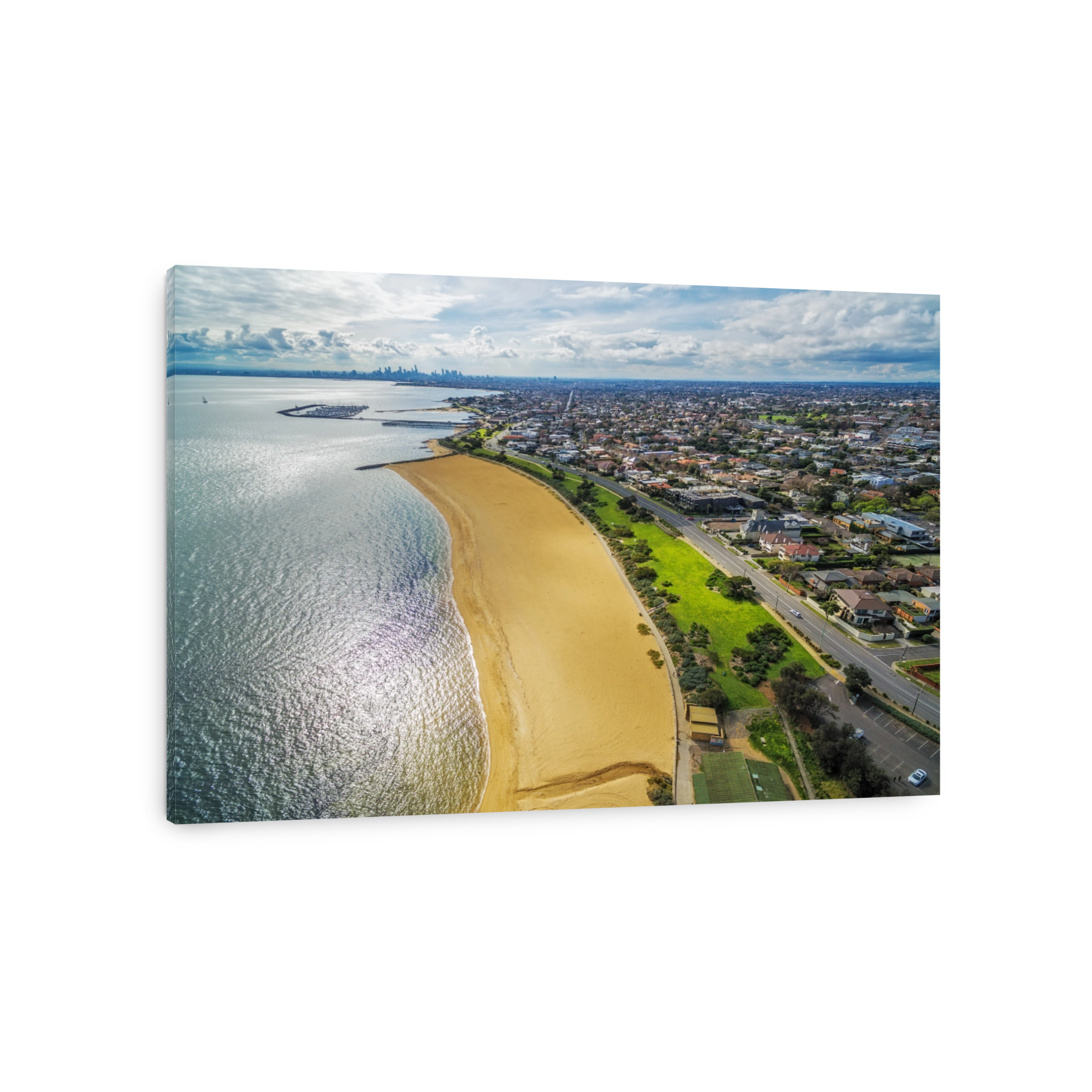 Aerial view of Brighton Beach and Melbourne CBD