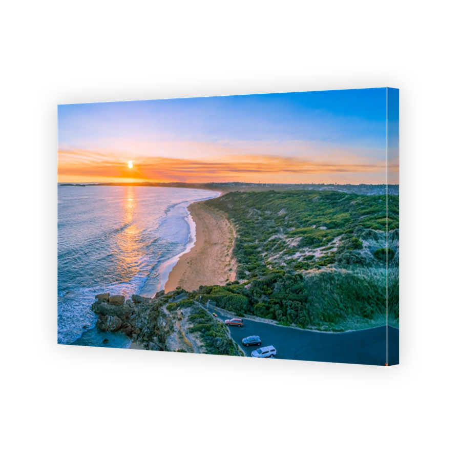 Aerial view of Point Ritchie lookout at sunset in Warrnambool, Australia