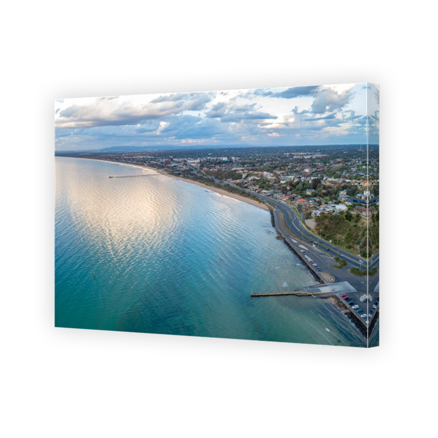Aerial panorama of Frankston foreshore at sunset in Melbourne, Australia