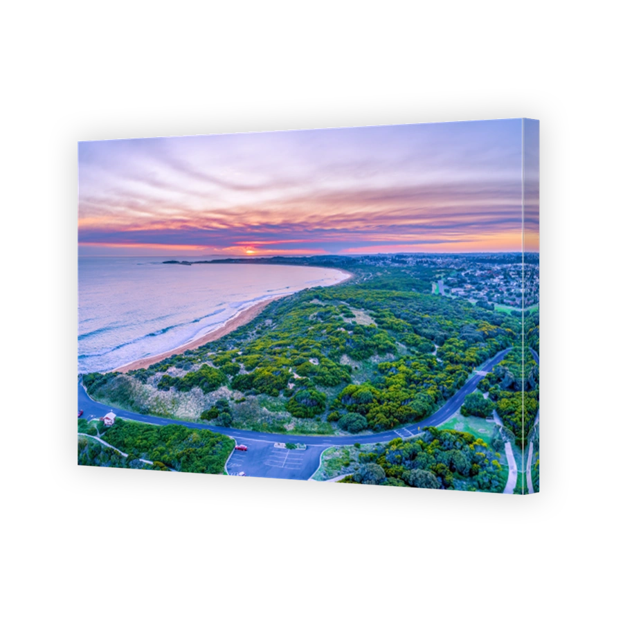 Aerial panoramic landscape of Warrnambool ocean coastline at sunset