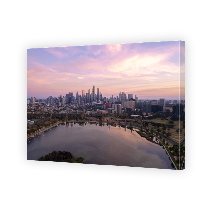 Sunrise view of Yarra river and Melbourne skyscrapers business office building with evening skyline in Victoria, Australia