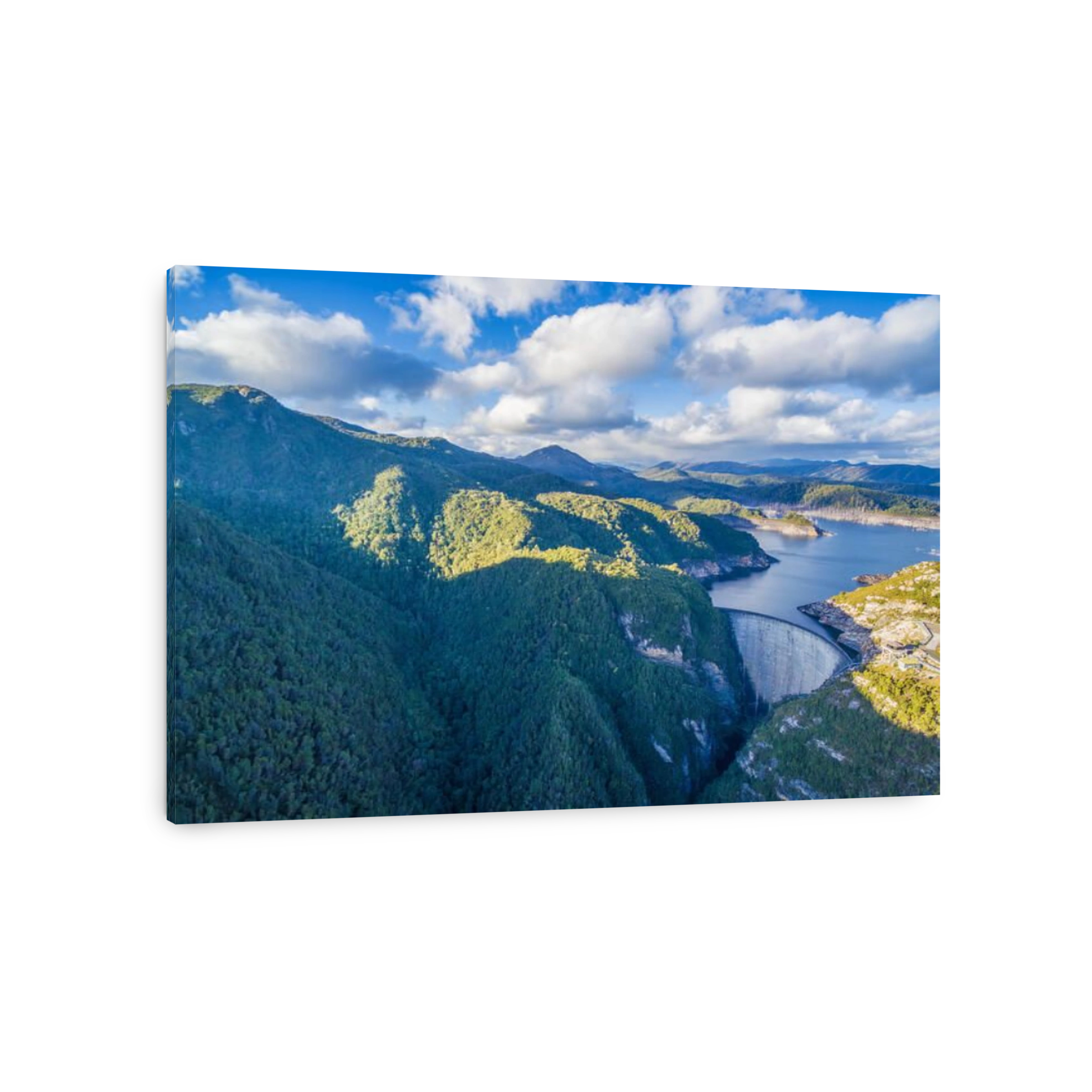 Aerial view of Gordon Dam and lake. Southwest, Tasmania, Australia