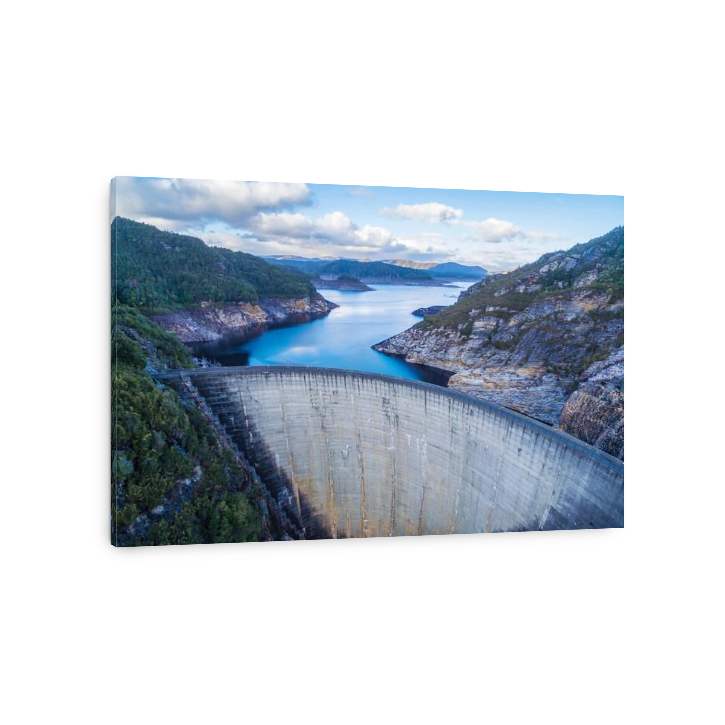 Aerial view of Gordon Dam and lake. Southwest, Tasmania, Australia