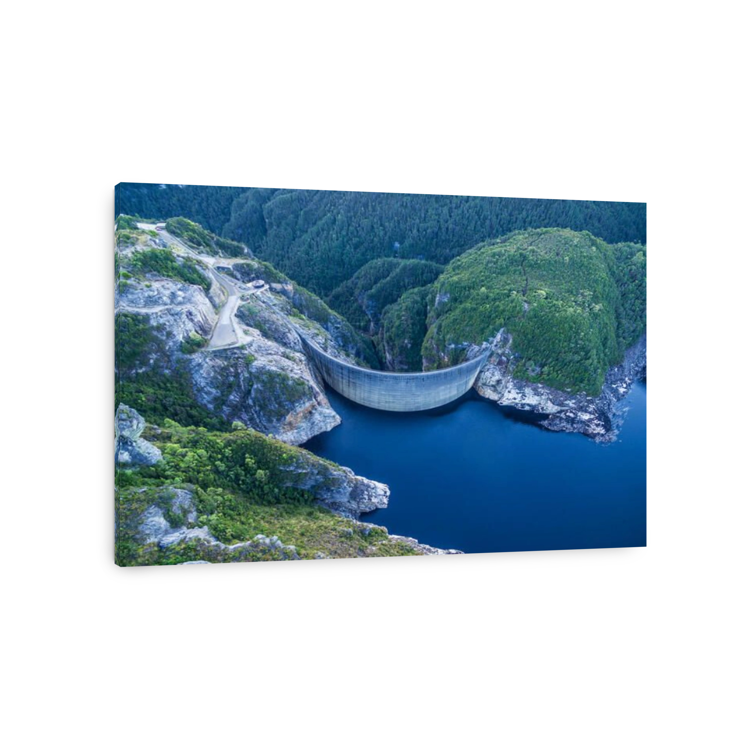 Aerial view of Gordon Dam and lake. Southwest, Tasmania, Australia
