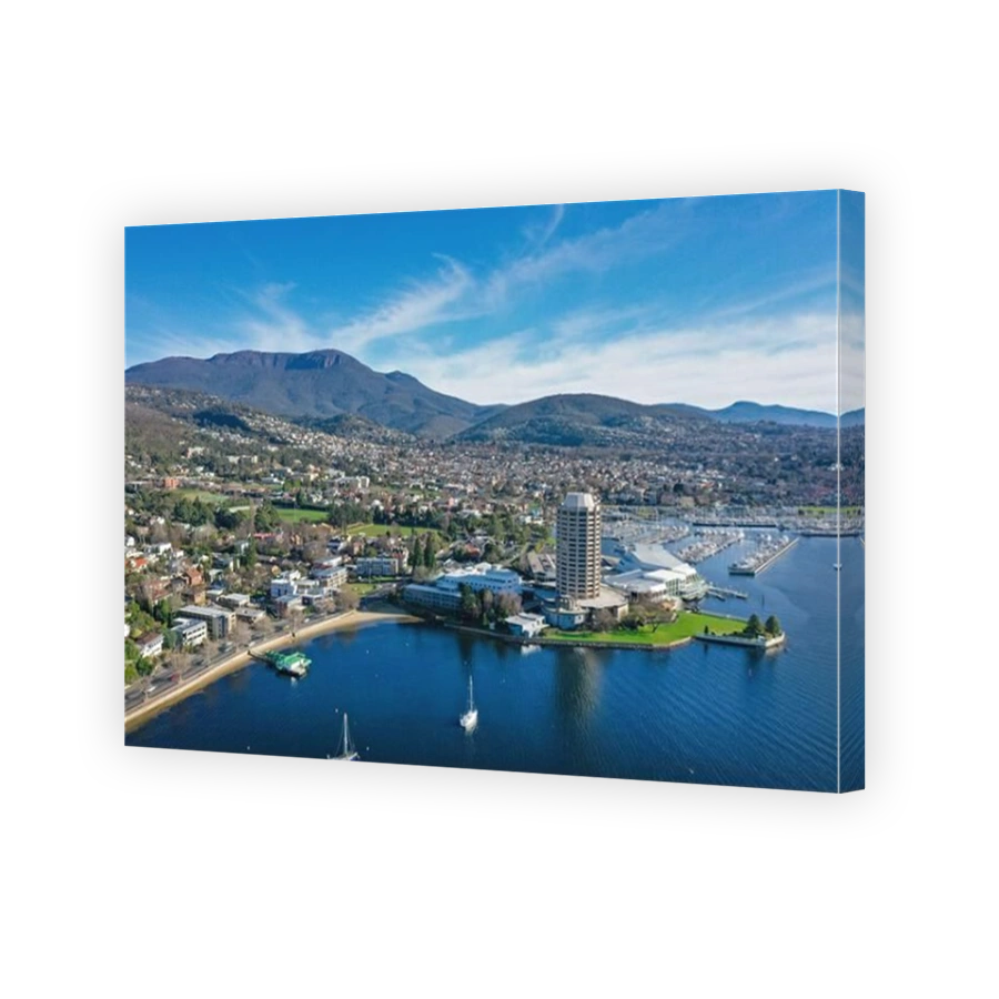 Aerial view of Hobart, showing the Derwent River, Casino and Mt Wellington in Tasmania, Australia
