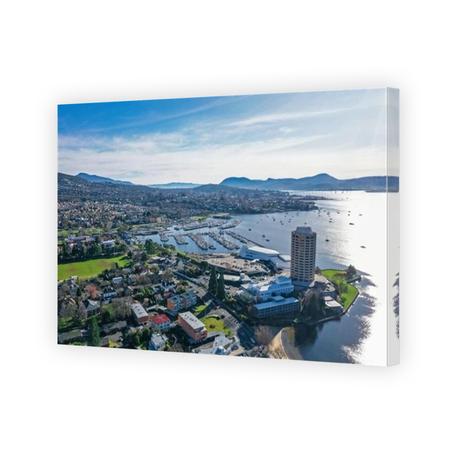 Aerial view of the city of Hobart, showing the Derwent River and Casino in Tasmania, Australia