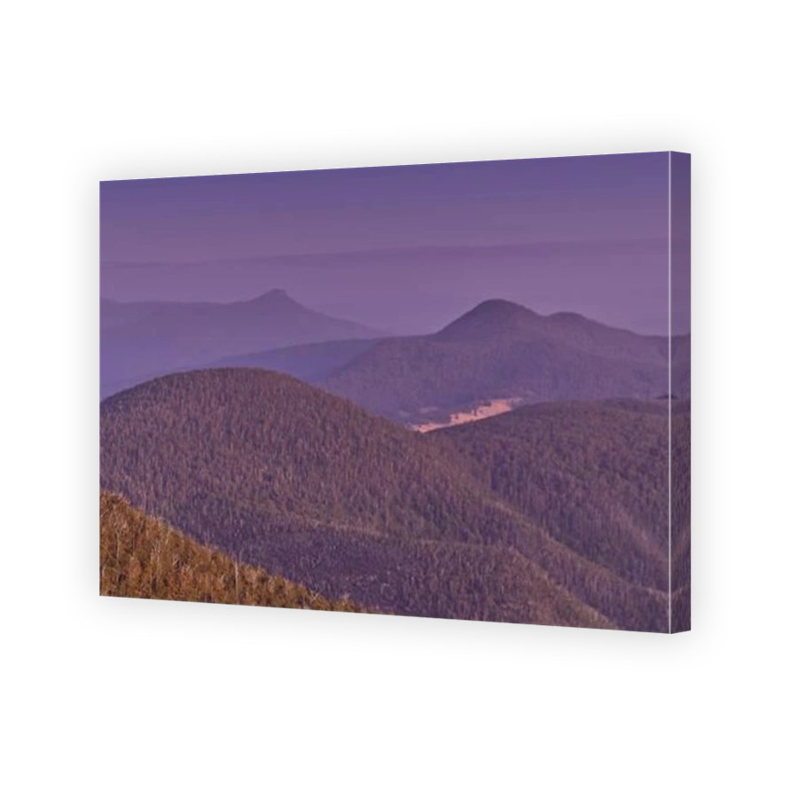 View of the rolling forested hills of the Wellington range in pre dawn light from Mount Wellington Organ Pipes track, Hobart, Tasmania, Australia