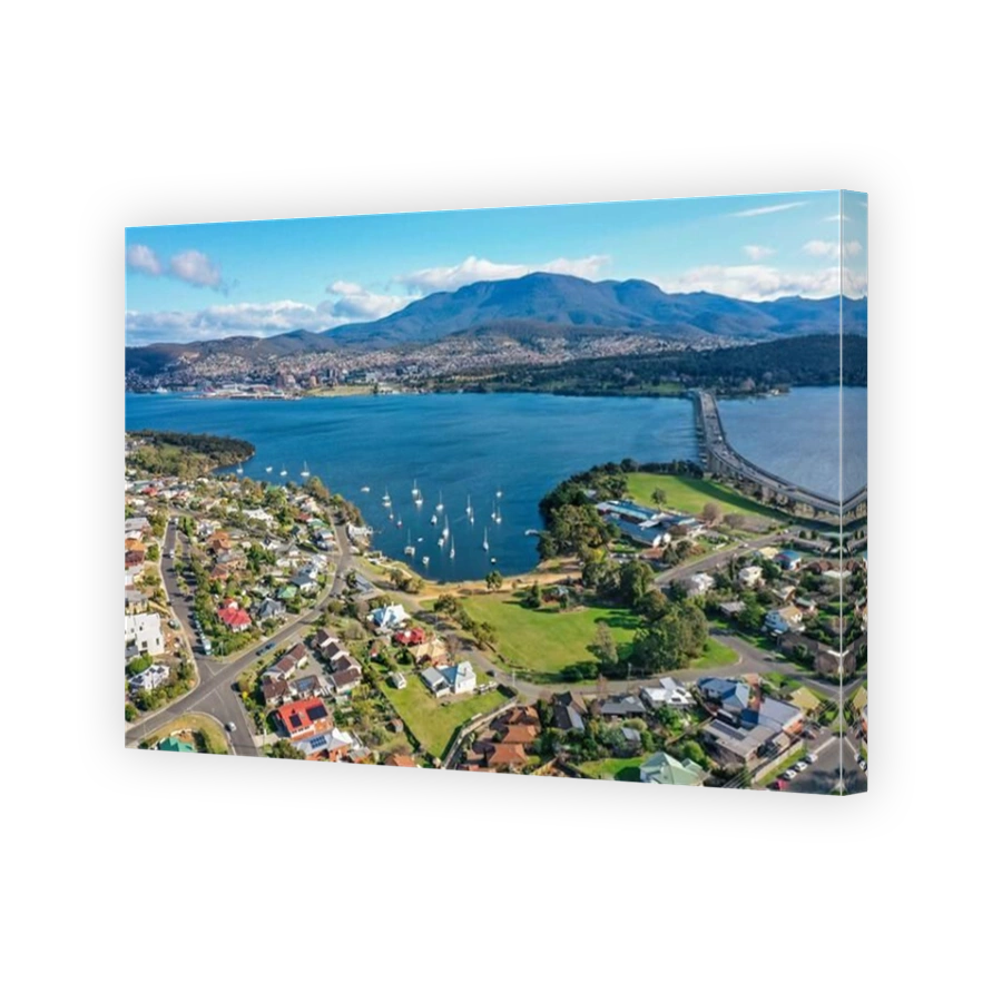 Aerial view of the Derwent River, Mt Wellington, the city of Hobart, Tasmania, Australia