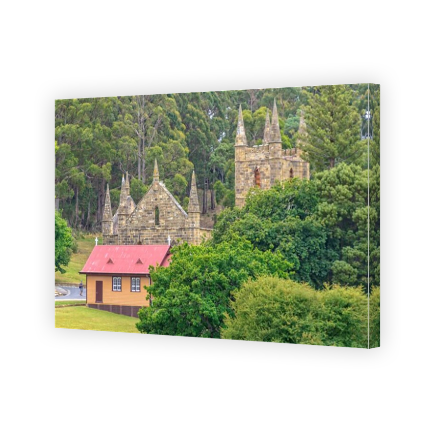 The ruin of the Convict Church, which was never officially consecrated, and St David’s Anglican Church at the Port Arthur Historic Site - Tasmania, Au