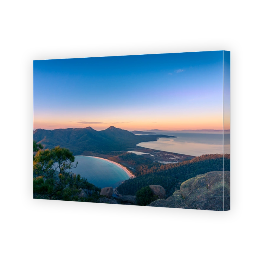 Birds eye view of Wineglass bay beach at sunrise