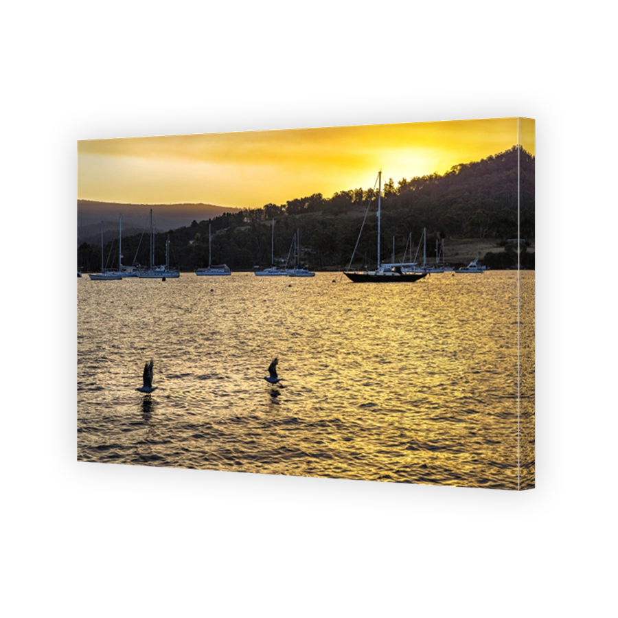 Dusk with boat on Huon River, Huon Valley, Tasmania