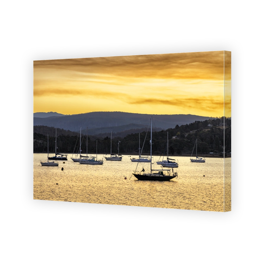 Dusk with boats on Huon River, Huon Valley, Tasmania